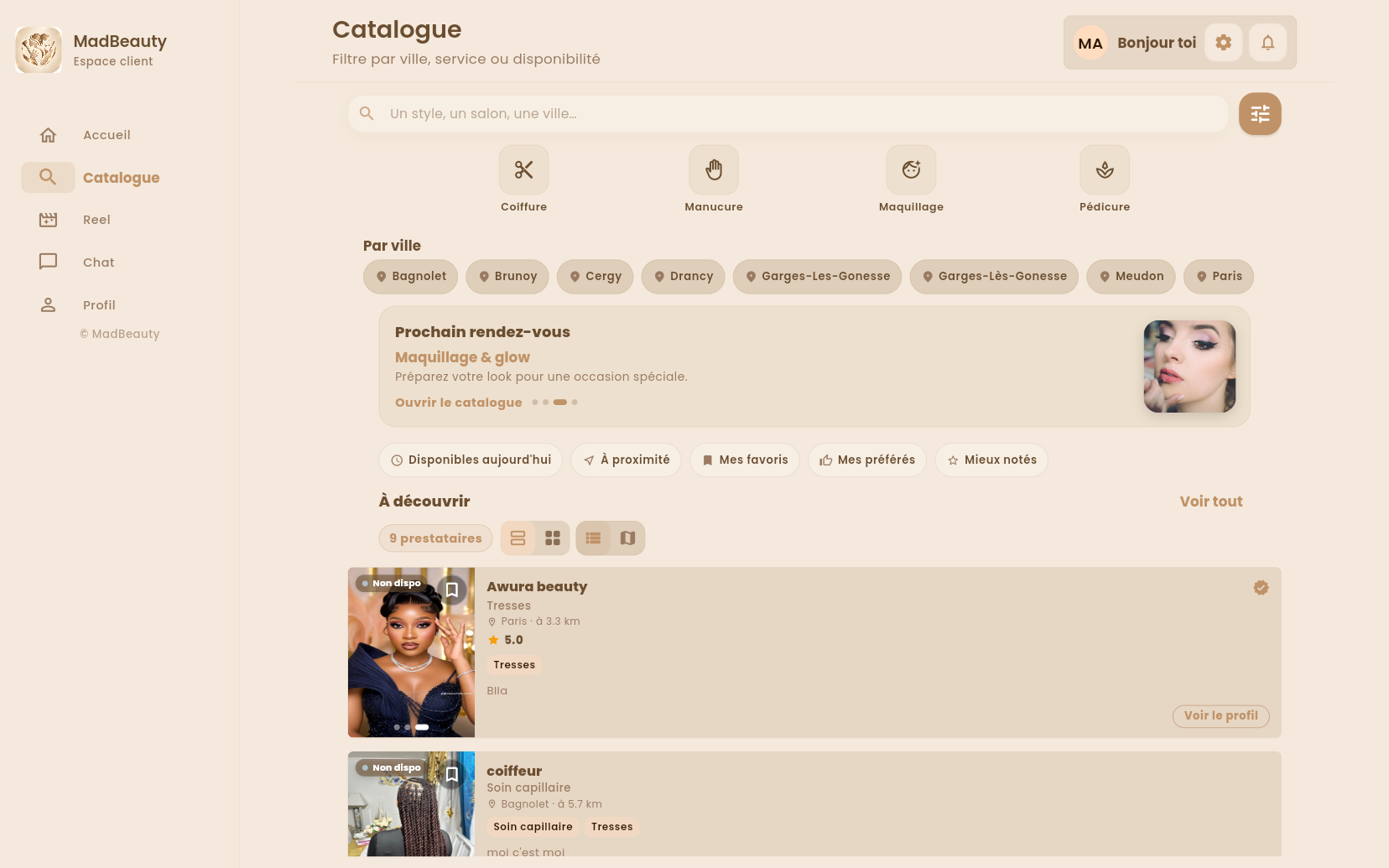 Catalogue MadBeauty : recherche, villes et fiches prestataires.