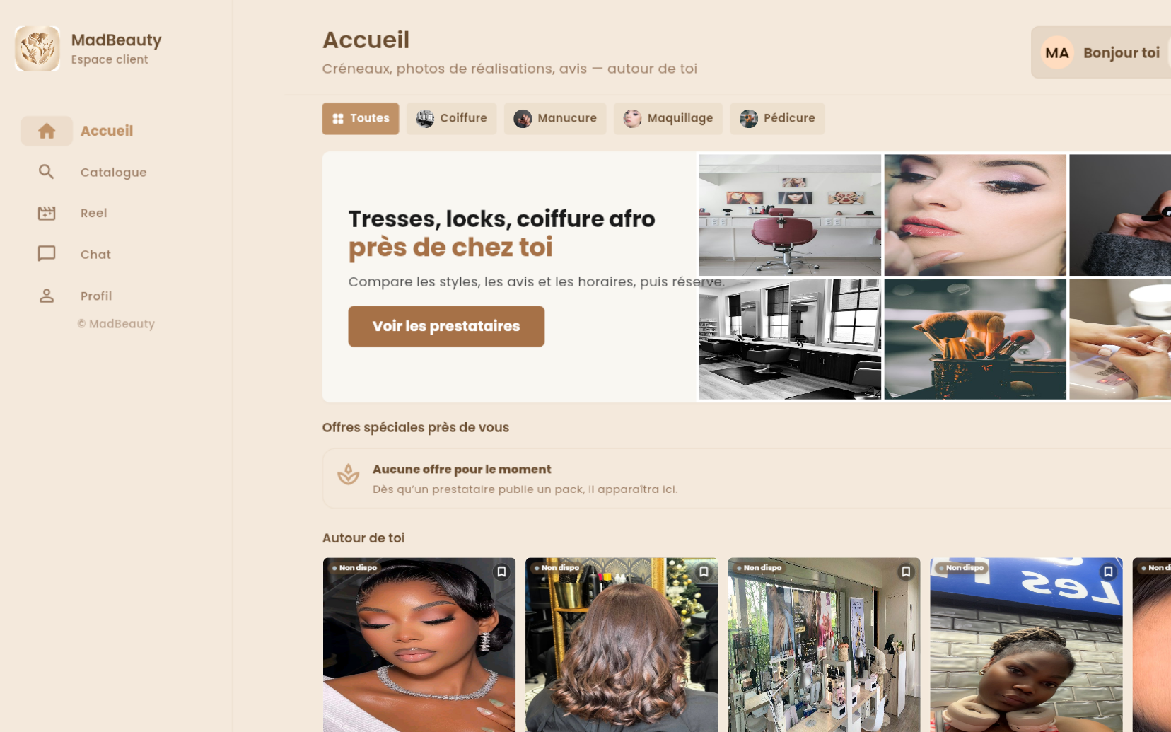 Accueil client MadBeauty dans le navigateur, avec le catalogue de prestataires.