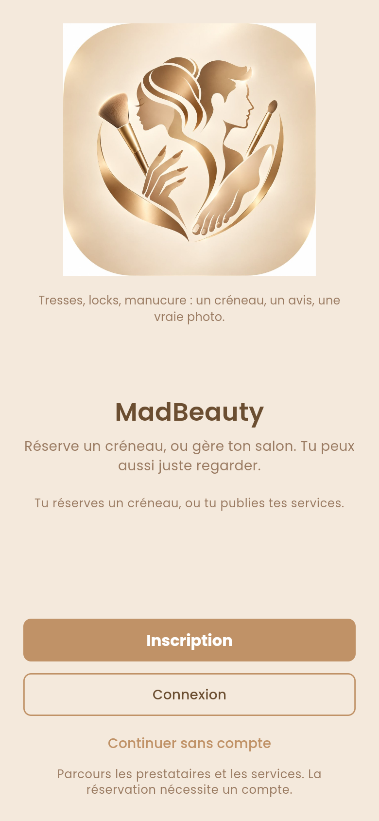 Écran d’accueil MadBeauty : inscription, connexion ou exploration sans compte.