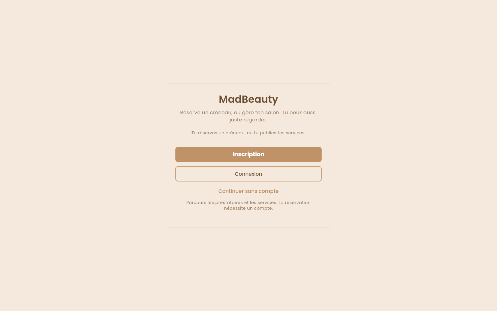 Hub MadBeauty : inscription, connexion ou exploration sans compte.